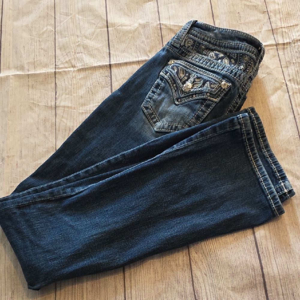 Miss Me Dark Blue Boot Cut Jeans with Embellished Pockets